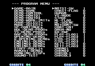 Main debug menu, accessed by holding Player 2's A,B,C, and D buttons on boot